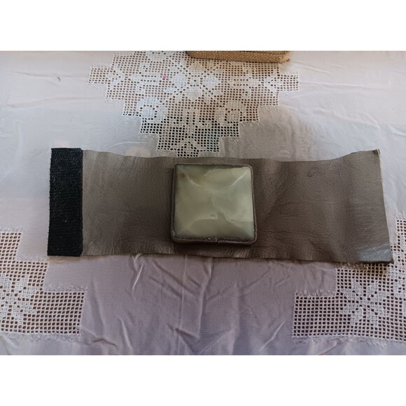 Artisan large leather and stone wide cuff wrap bracelet light green white Agate? - Picture 1 of 3